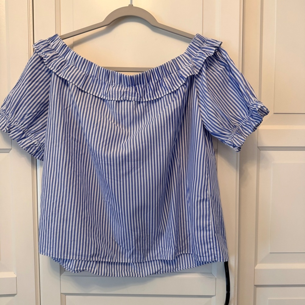 Vineyard Vines for Target Blue White Striped Off Shoulder Ruffle Bardot Top M - Picture 4 of 6